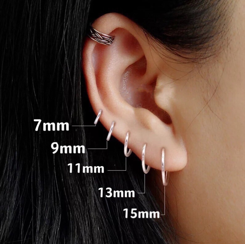 925 SOLID STERLING SILVER PLAIN 1MM THICK ROUND ENDLESS HOOP 10-50MM LIP EAR D36