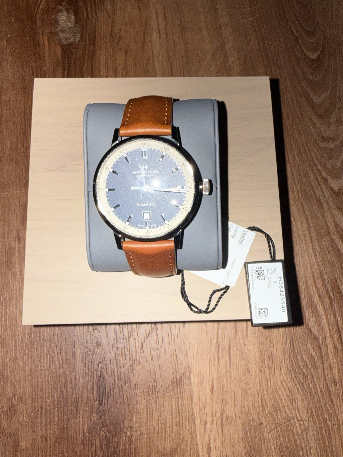 Hamilton Intra-Matic Automatic 38mm Blue Dial Brown Leather Strap Date Box