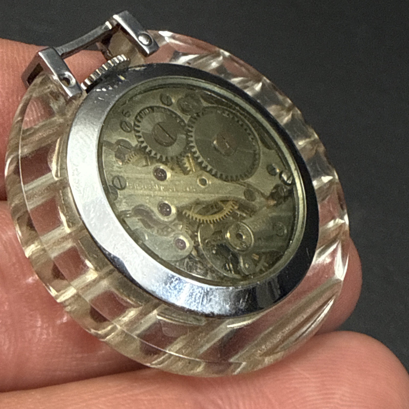RARE! Art Deco Lucite Case ANDRE WYLER 15J Pendant Watch, Made In France-RUNS