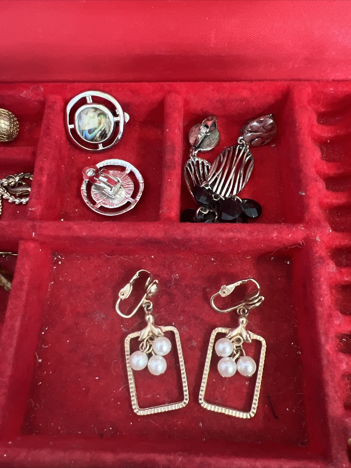 Jewerly Box and Lot of Costume Earrings Some Clip-on Some Pierced Some Single