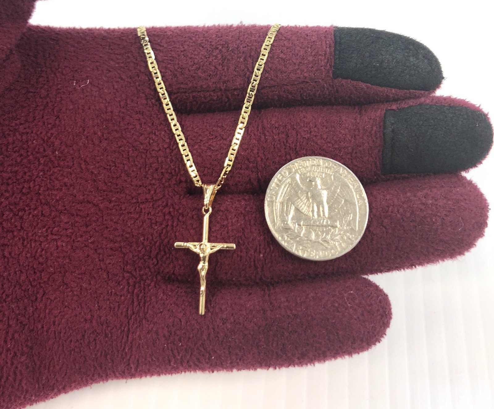 Gold Filled Cross Necklace for Men Women Mariner Chain 16in Cadena de Cruz Oro