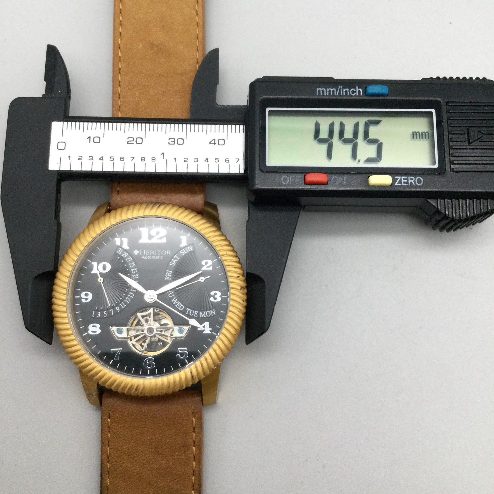 Heritor Mens Watch 45mm Gold Tone Black Dial Brown Leather Automatic Day Date