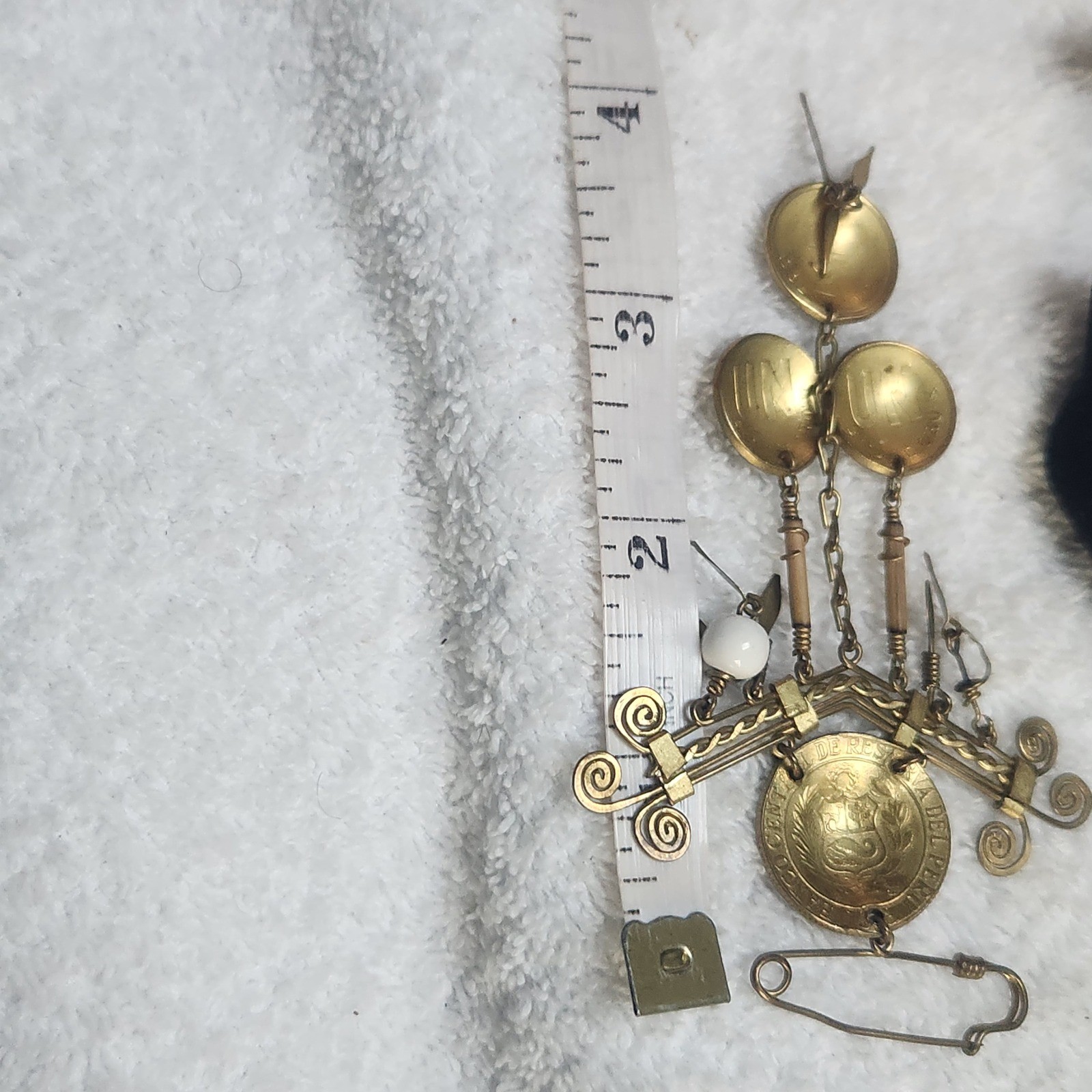 Vintage Peruvian Coin Brooch Brass Folk Art Sol De Oro Dangle Pin Peru Jewelry