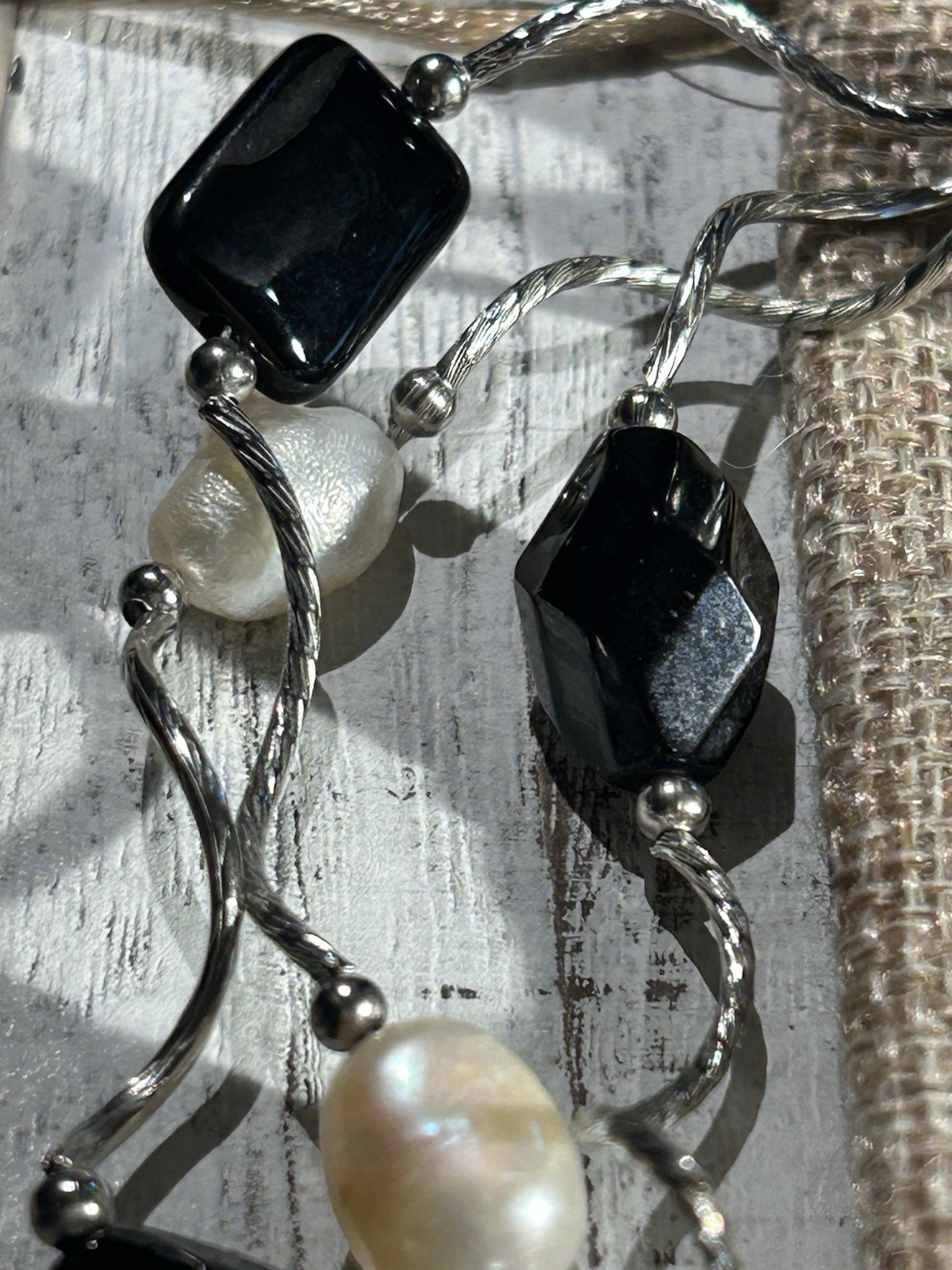 Artisan Black Crystal + Glass Bead Freshwater Pearl 3- Strand Wavy Link Necklace