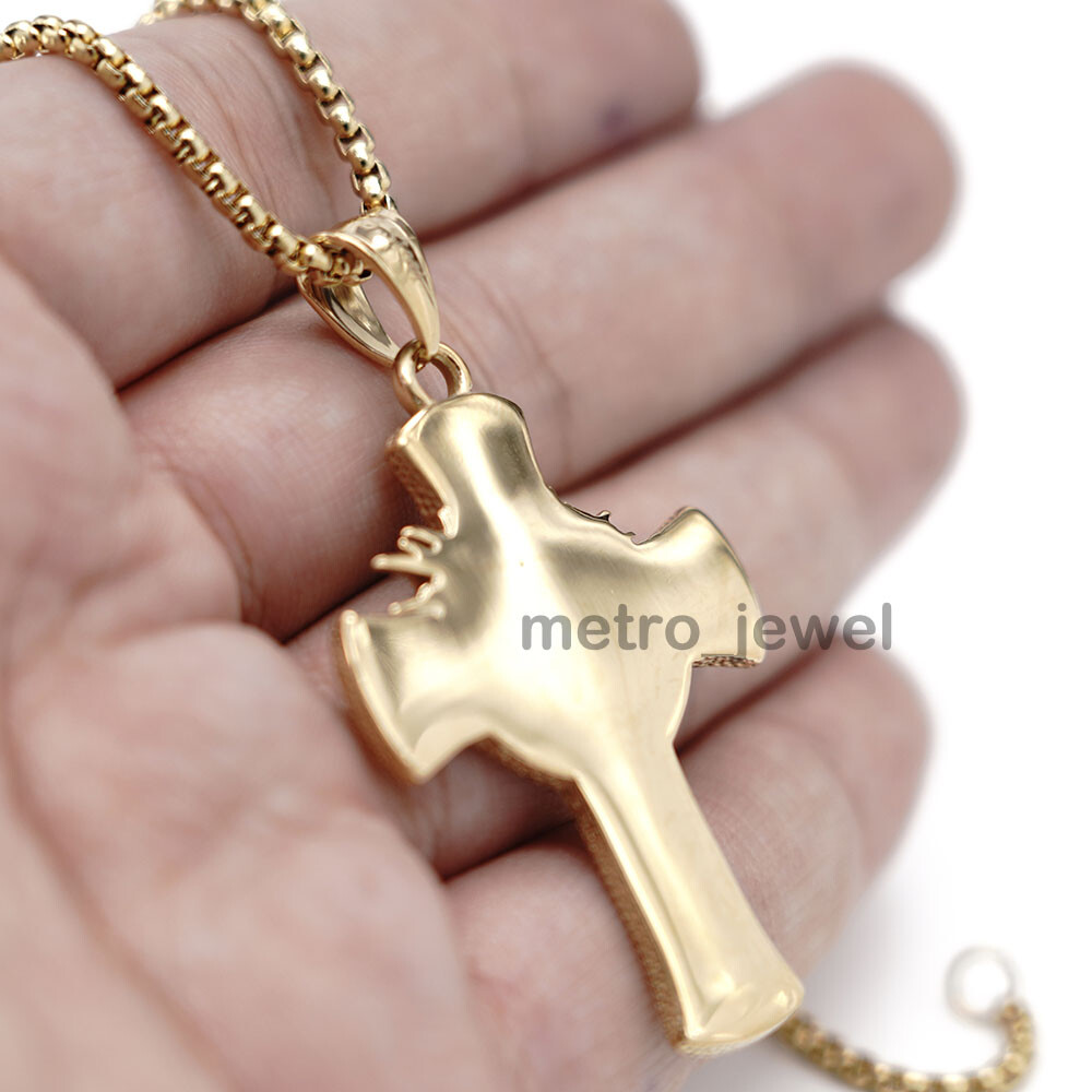 Mens Gold Jesus Face Crucifix Cross Pendant Necklace For Men Stainless Steel