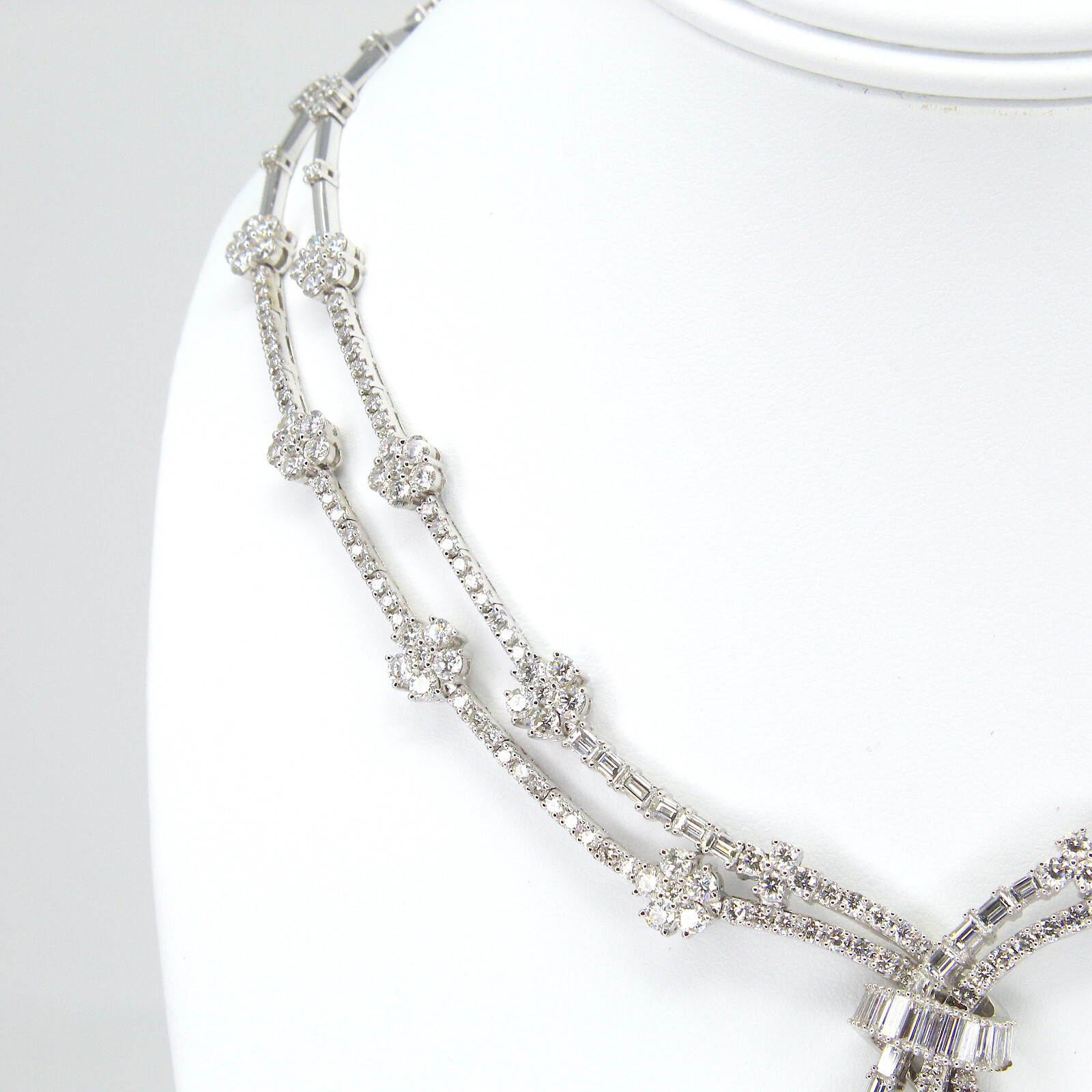 20.00 CT Diamond Two Row Floral Line Drop Necklace 18K White Gold Natural
