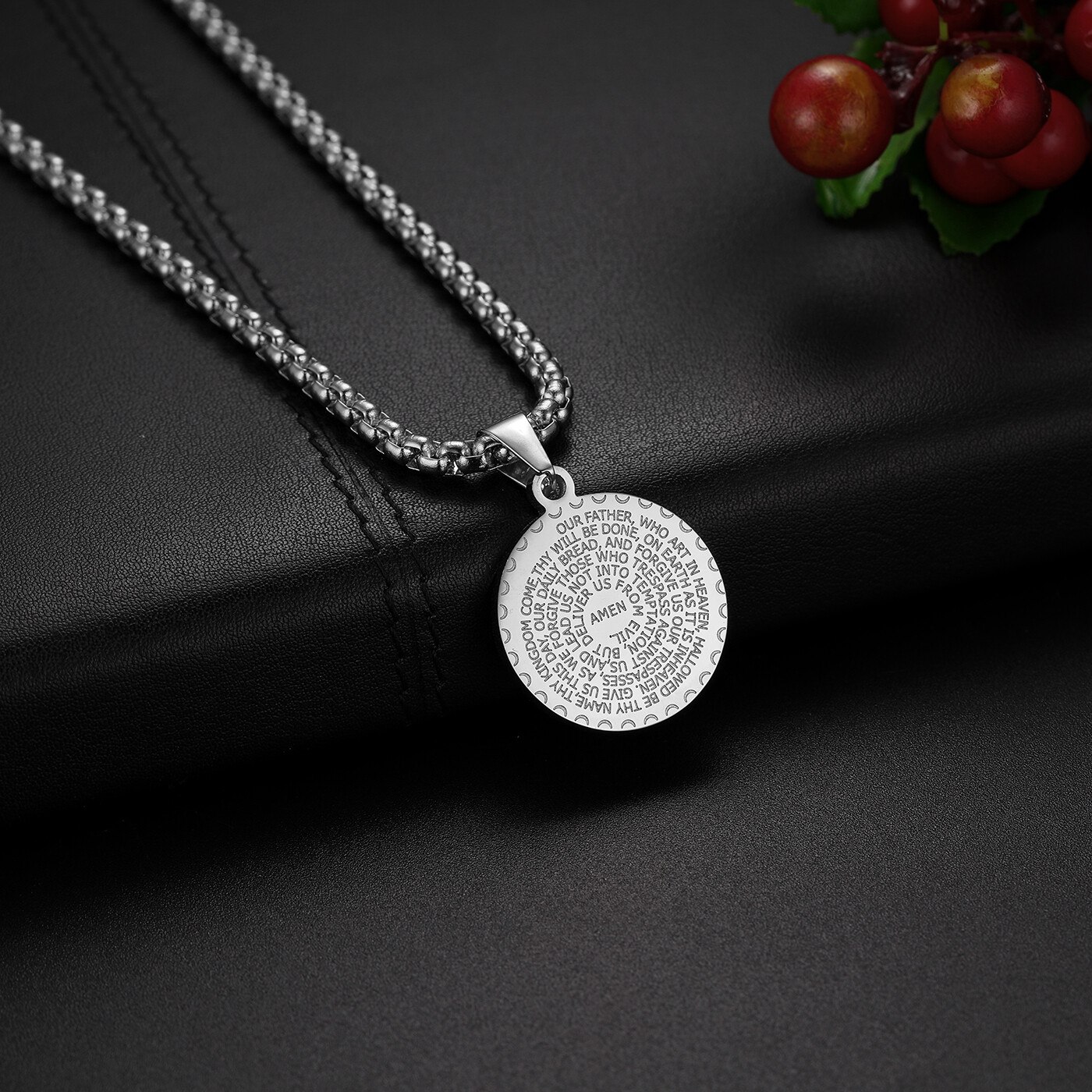 Men’s Stainless Steel Rhinestone Bible Text Prayer Tag Pendant Necklace Chain
