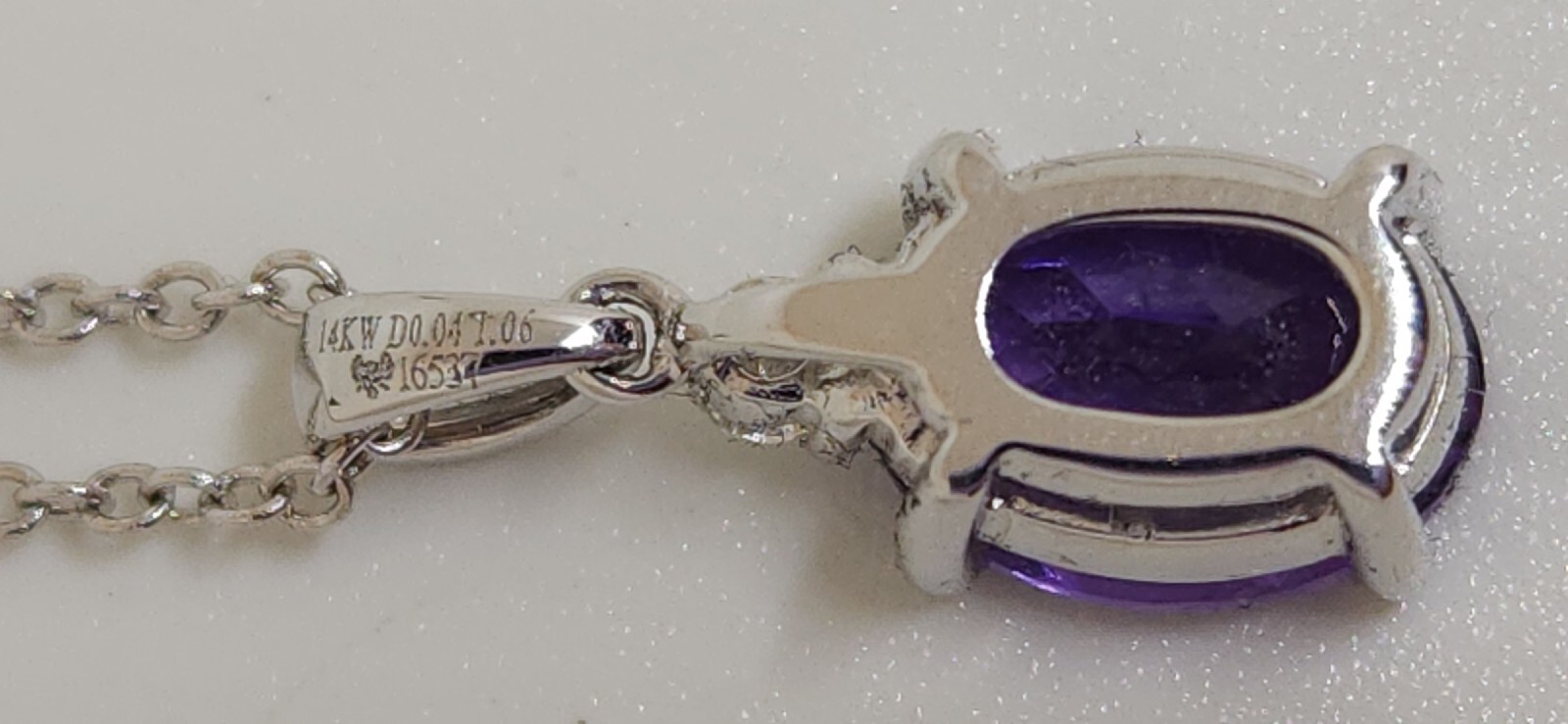 14k White Gold Amethyst And Diamond Pendant With 18 Inch Chain 2.1 Grams