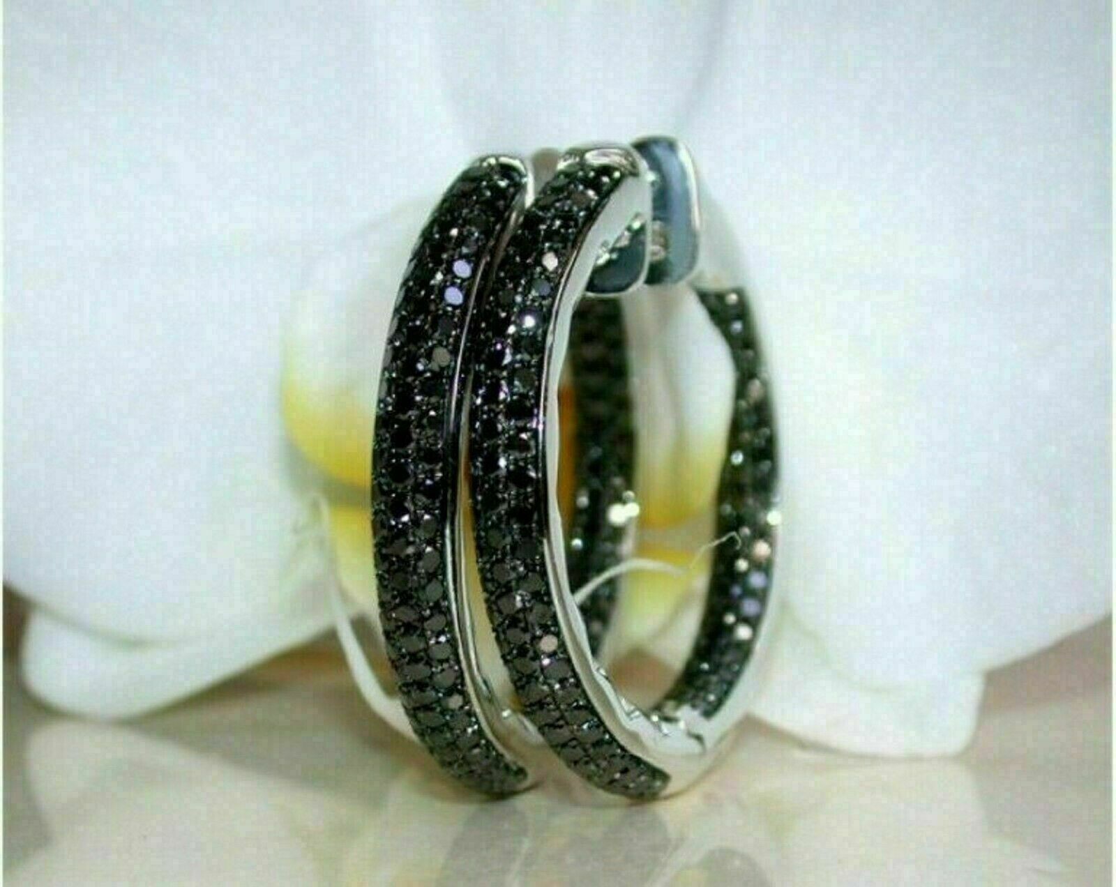 1.50Ct Lab Created Round Cut Black Diamond Hoop Earrings 14K White Gold Finish