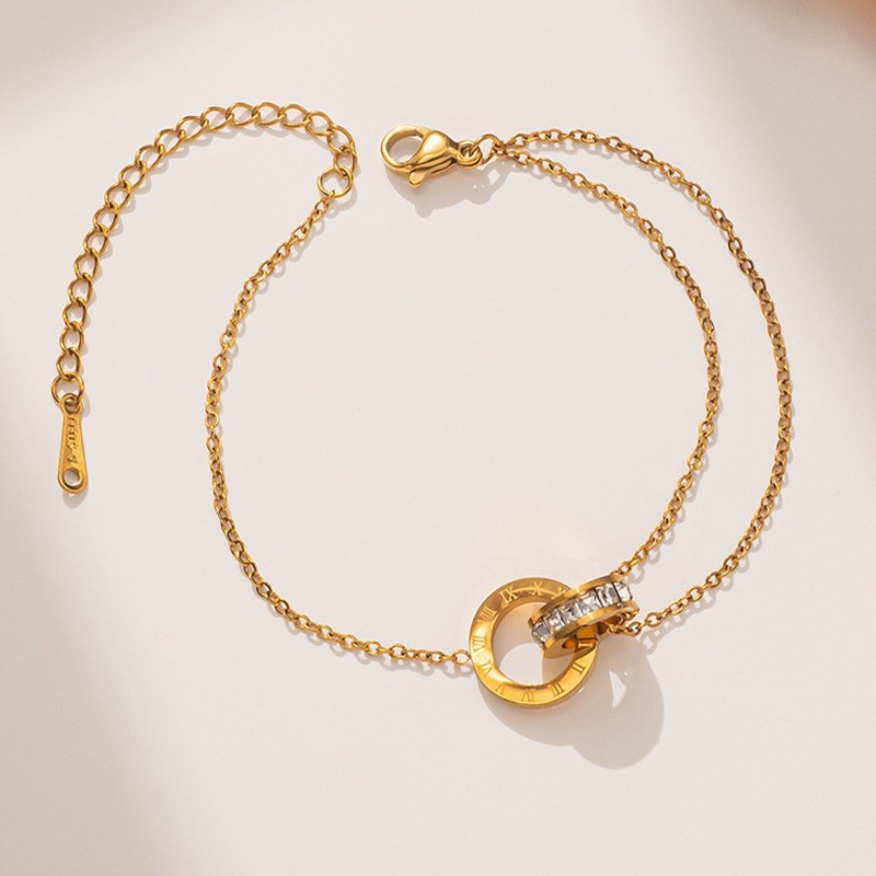 316L Stainless Steel Roman Numeral CZ Round Charm Anklet for Women Jewelry