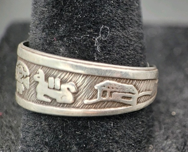 Vintage Sterling Silver Peruvian Inca Storytelling Picture Adjustable Ring Sz. 8