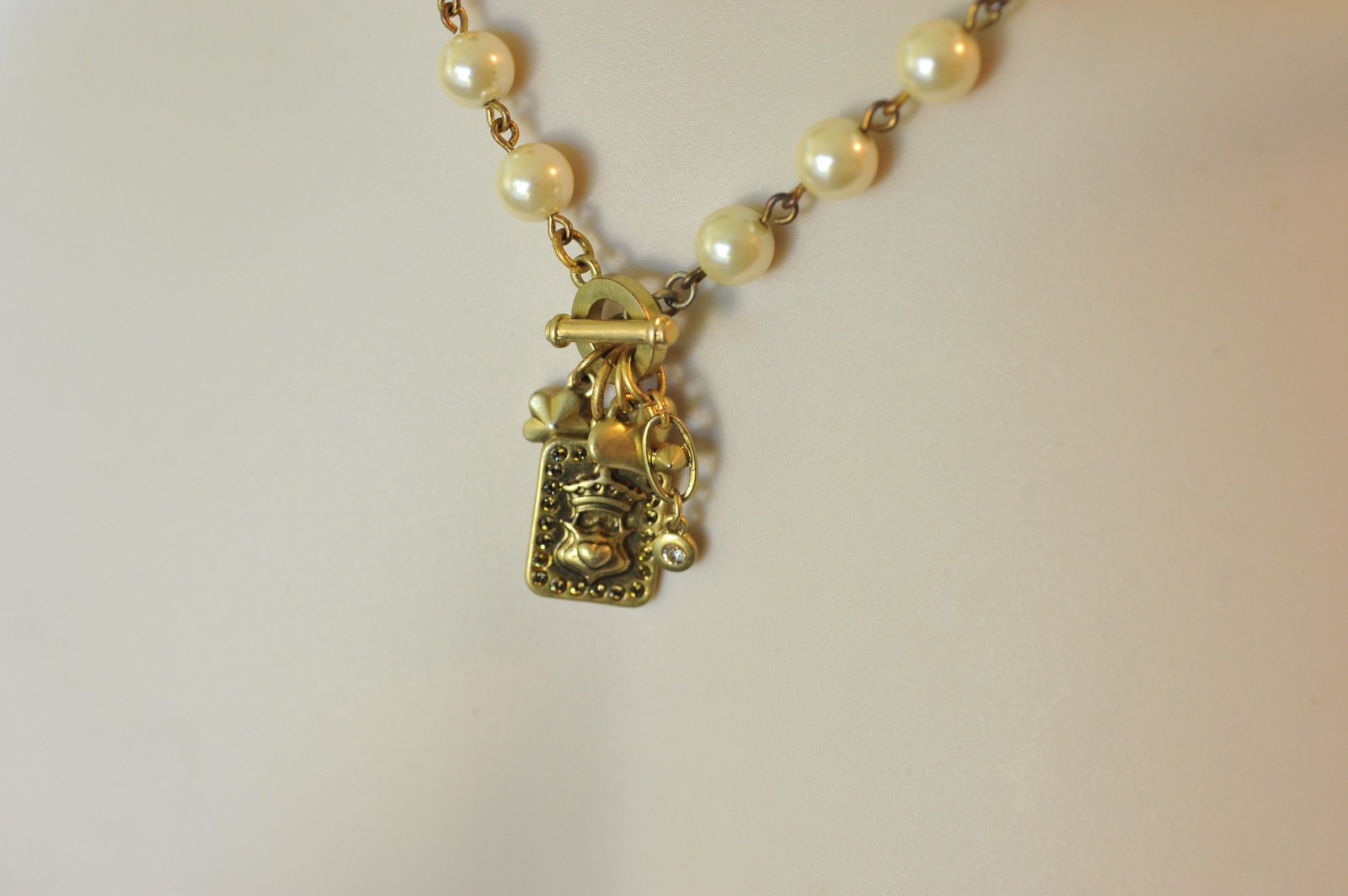 CAbi Necklace Gold Tone Rhinestone Faux Pearl charms dangle statement A