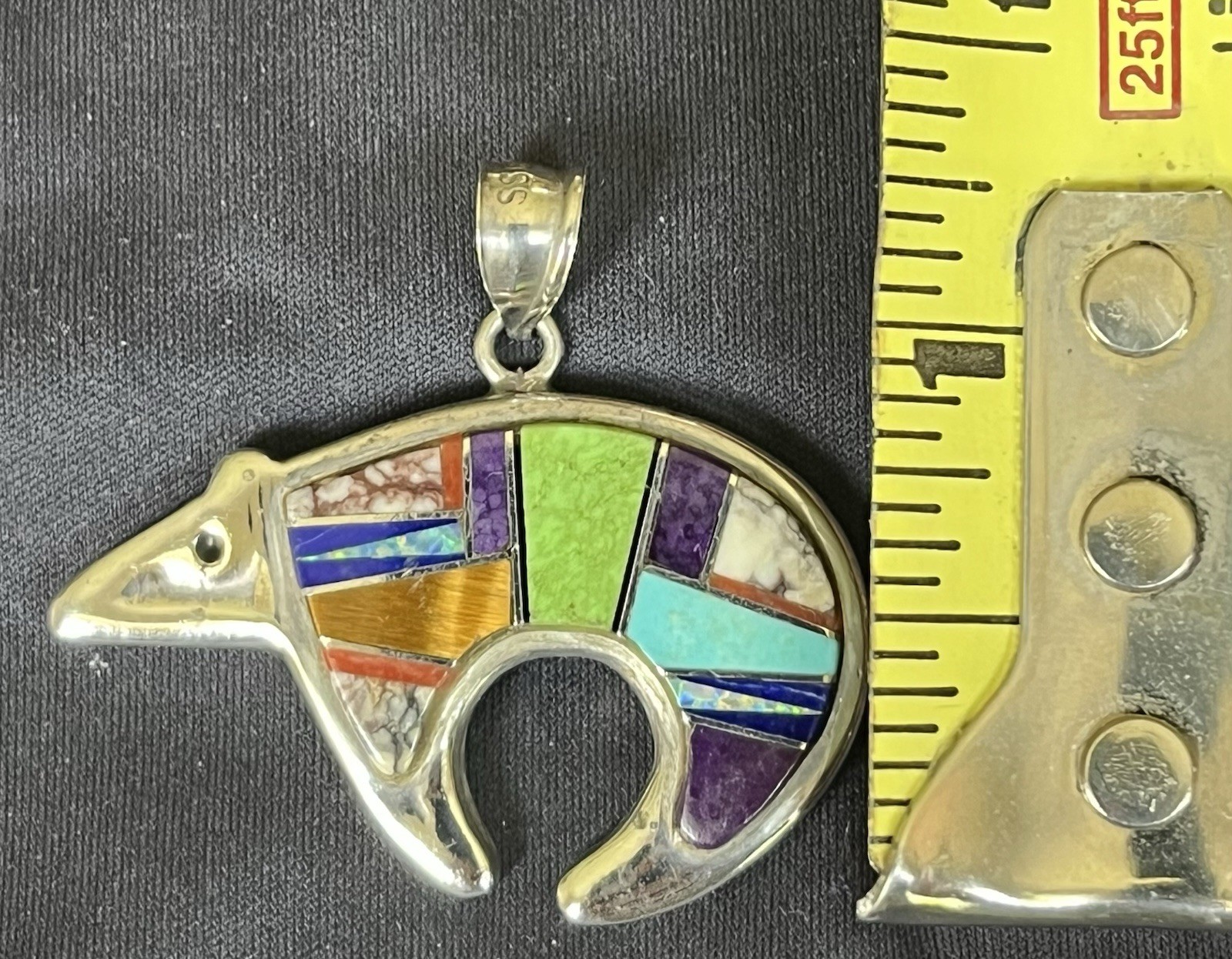 Calvin Begay Signed 925 Sterling Silver Multi Stone Inlay Bear Charm Pendant