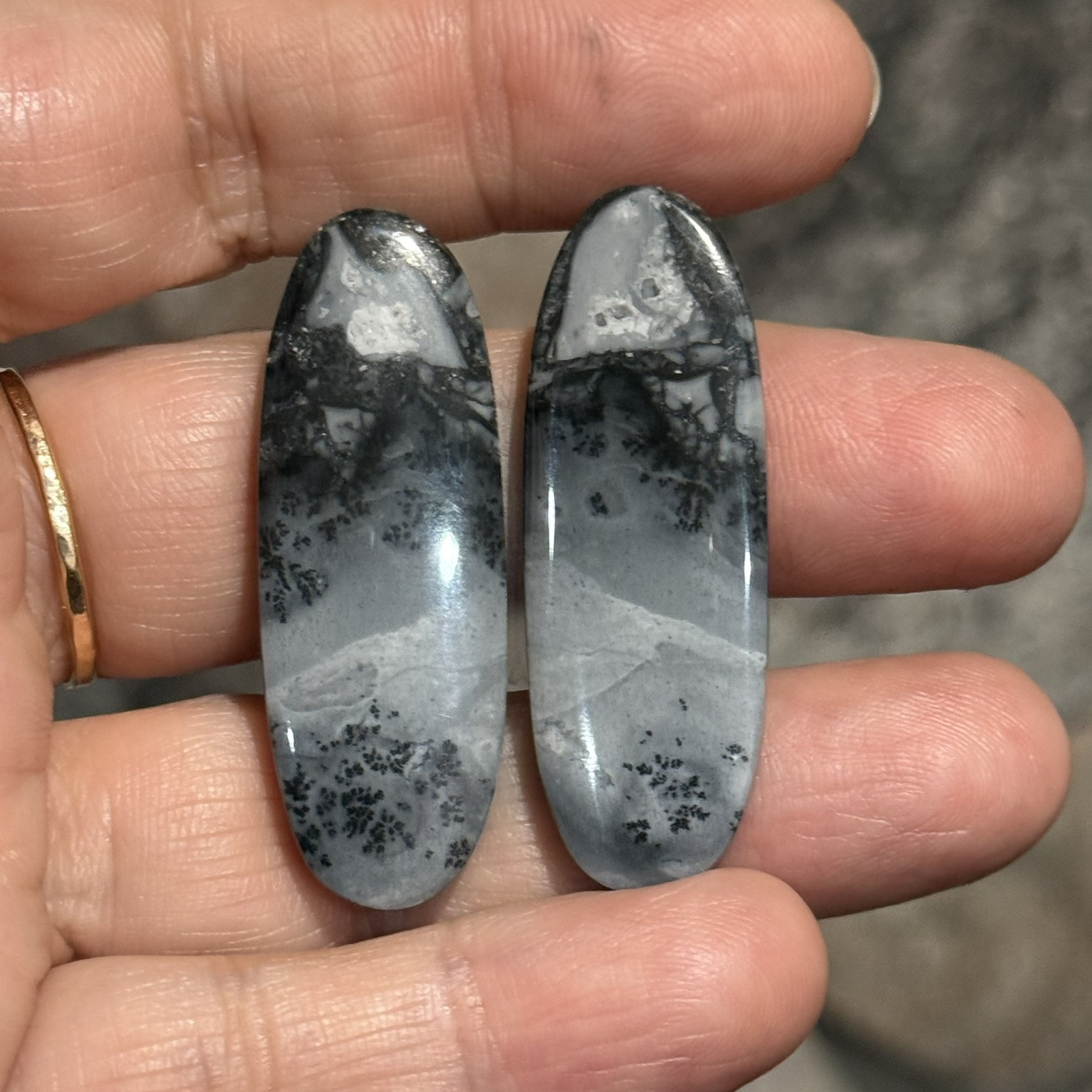 62ct 42x15x4.5mm Pair Fine Gray Scenic Oval Picture Maligano Jasper Cabochons