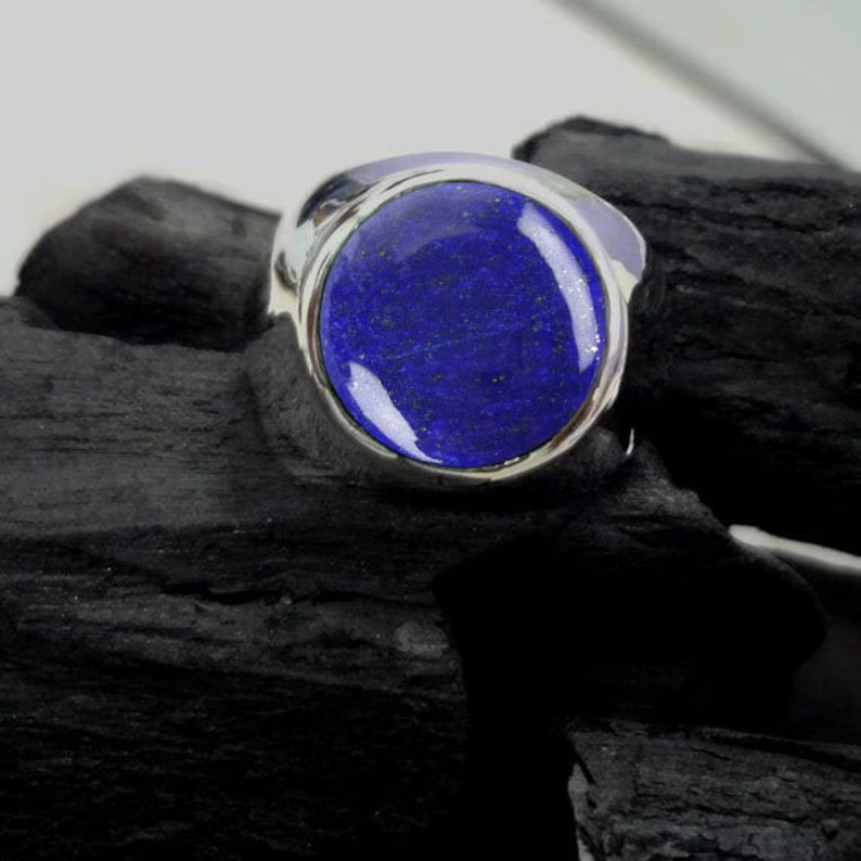 Solid 925 Sterling Silver Natural Lapis Lazuli Round Gemstone Men’s Unisex Ring