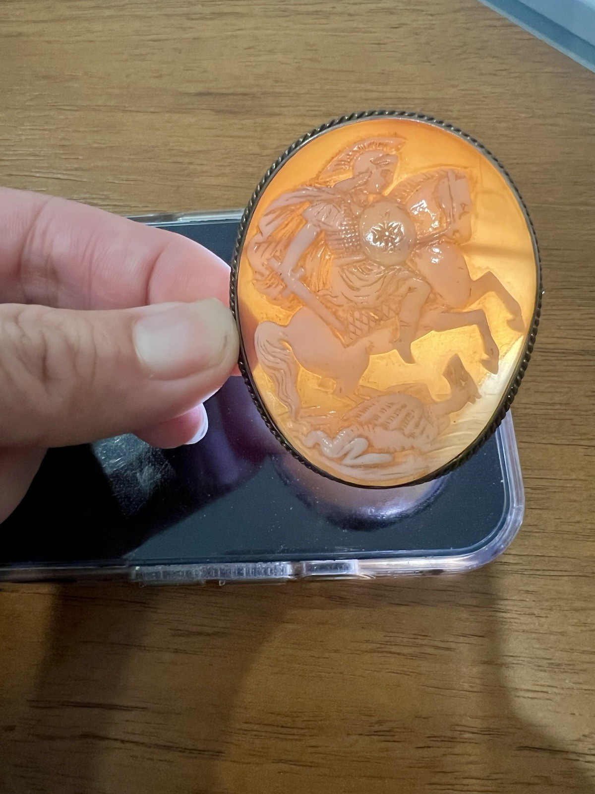 Large Antique 5.5cm Shell Cameo Brooch Saint George Slaying Dragon Silver c1920