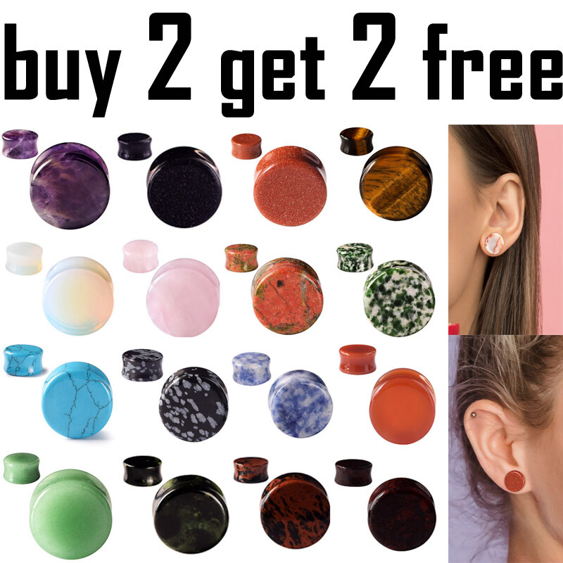 Pair Natural Stone Ear Plugs Flesh Tunnels Gauges Piercing Jewelry 2g-5/8″