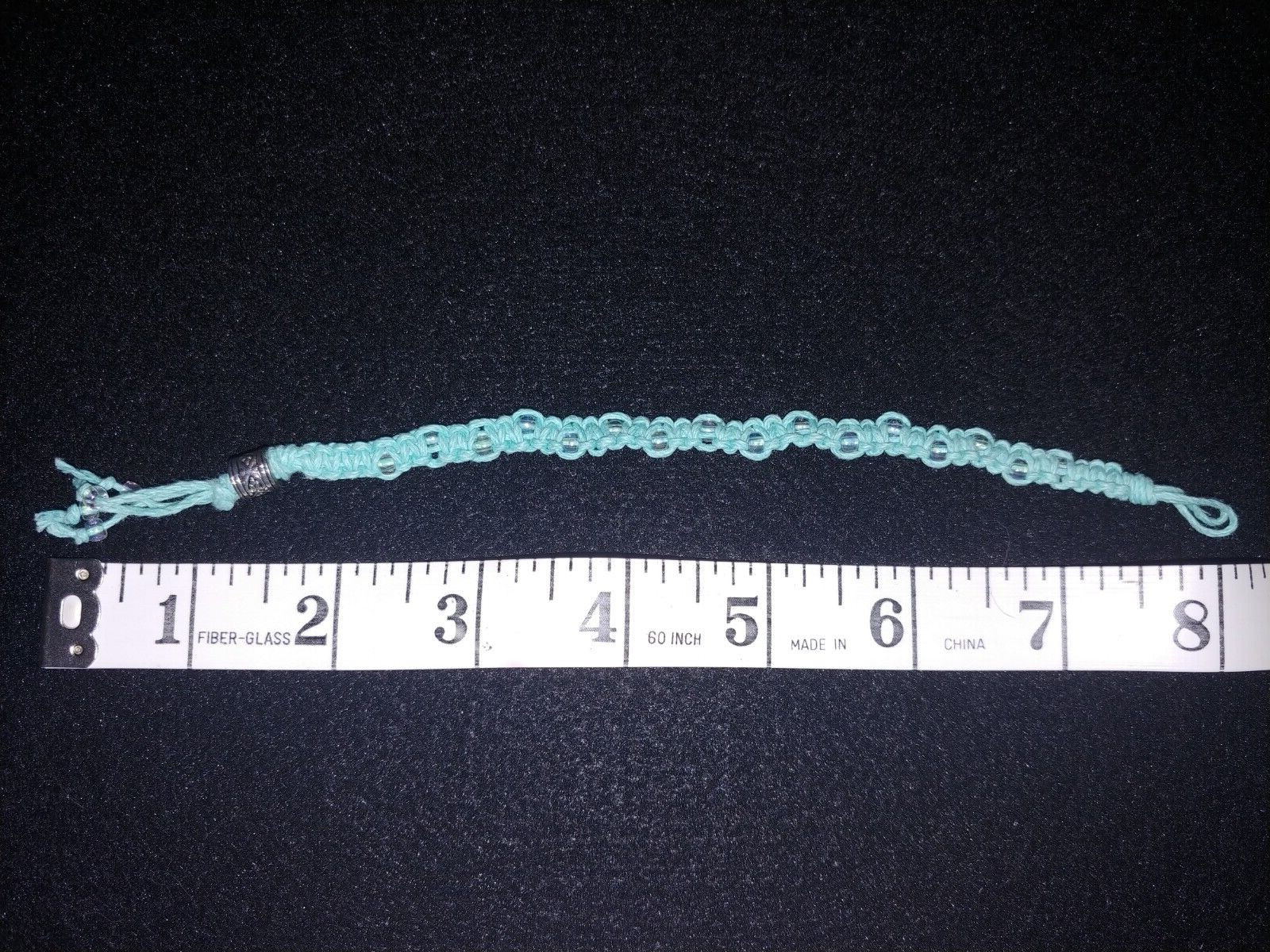 Soft turquoise woven hemp bracelet w/ clear & silver beads handmade approx. 7 in