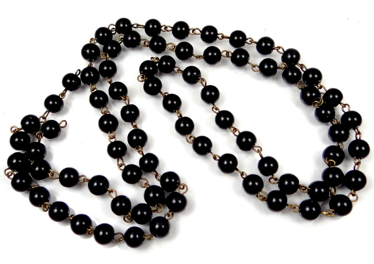 40″ (3.3 feet) 8mm Black Jet Glass Pearl Bead Antique Bronze Link Chain