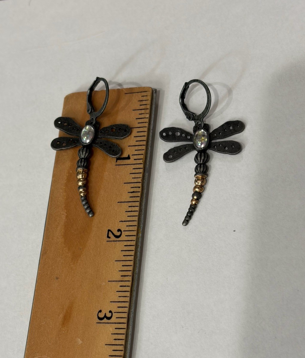 Dragonfly Dangle Leverback Earrings Iridescent Accent Gold Tone Beads