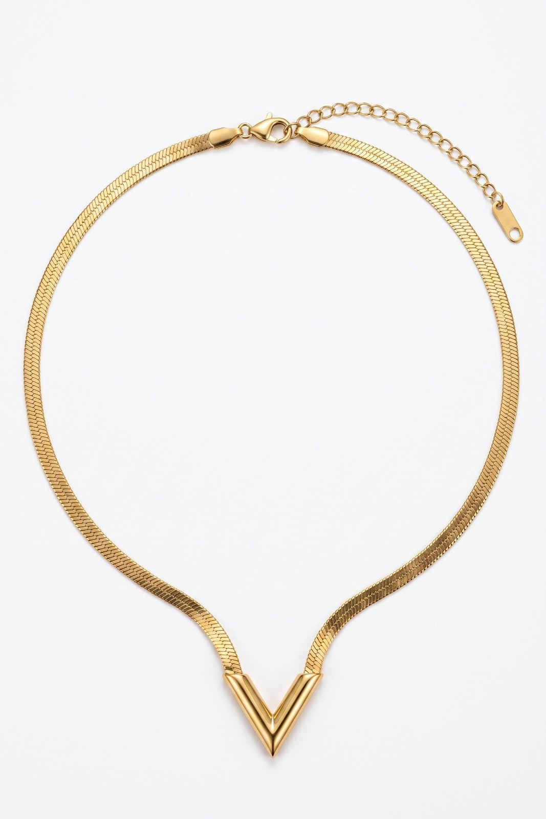 Stainless Steel 18K Gold Plated V Shape Pendant Herringbone Flat Snake Chain