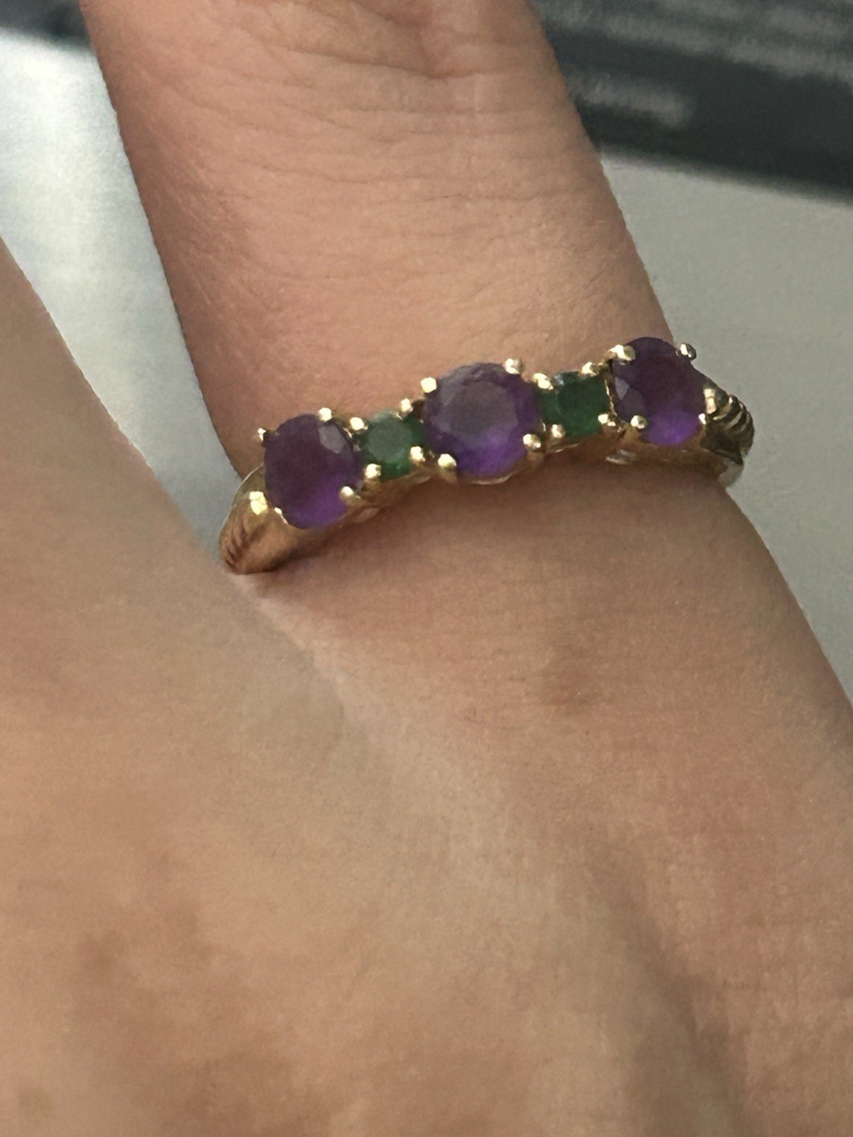Solid 14k Gold Amethyst Green Onyx Gemstone Ring Size 5.75 2.4 Grams