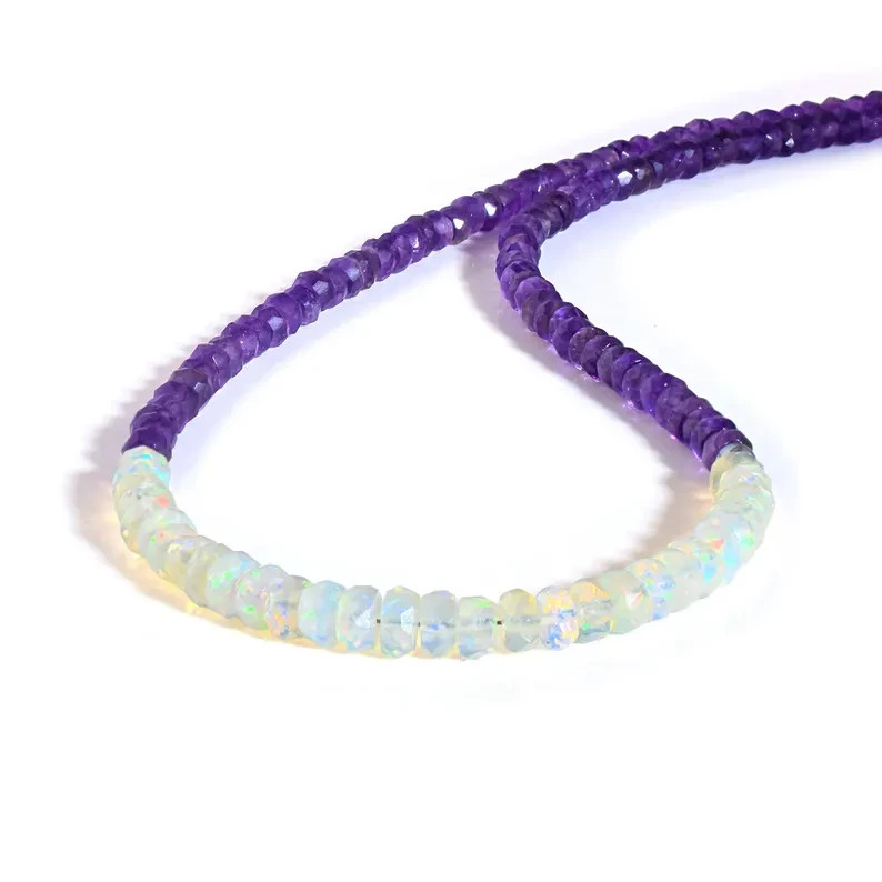 Handmade Natural Welo Fire Opal & Amethyst Beaded Necklace 925 Silver 18″ Gift