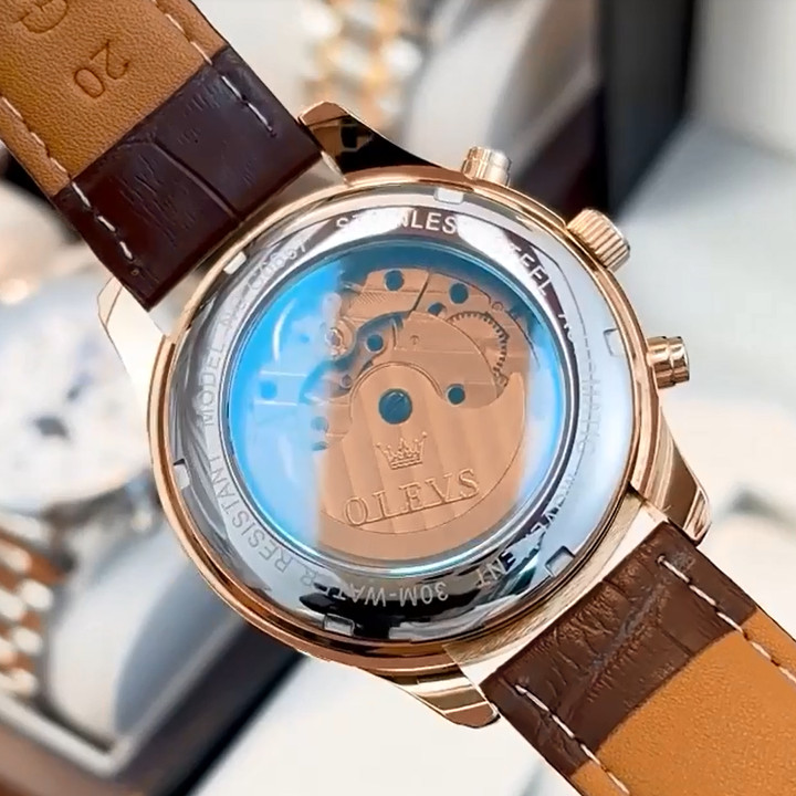 OLEVS Automatic Mechanical Watch Men’s Moon Phase Waterproof Leather Men Strap