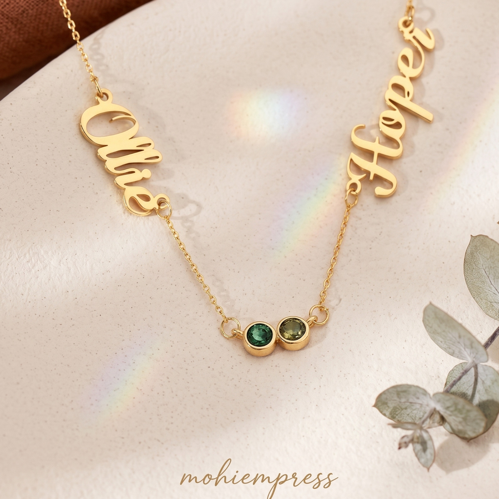 Personalized Double Name Necklace with Birthstones, Custom Mother’s Necklace
