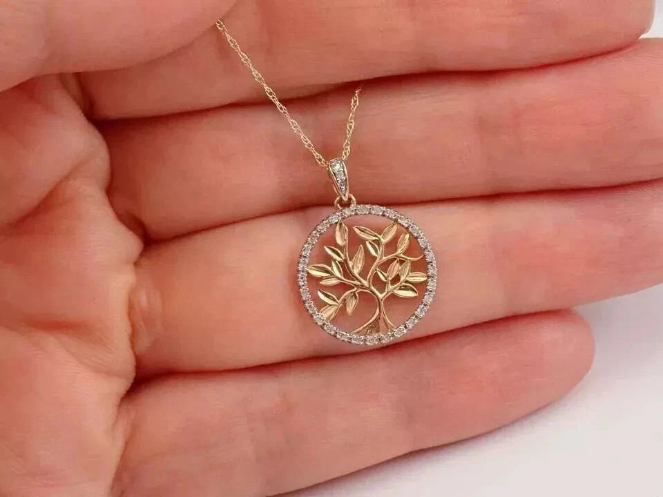 1Ct Round Real Moissanite Tree Of Life Pendant 14K Yellow Gold Plated Free Chain
