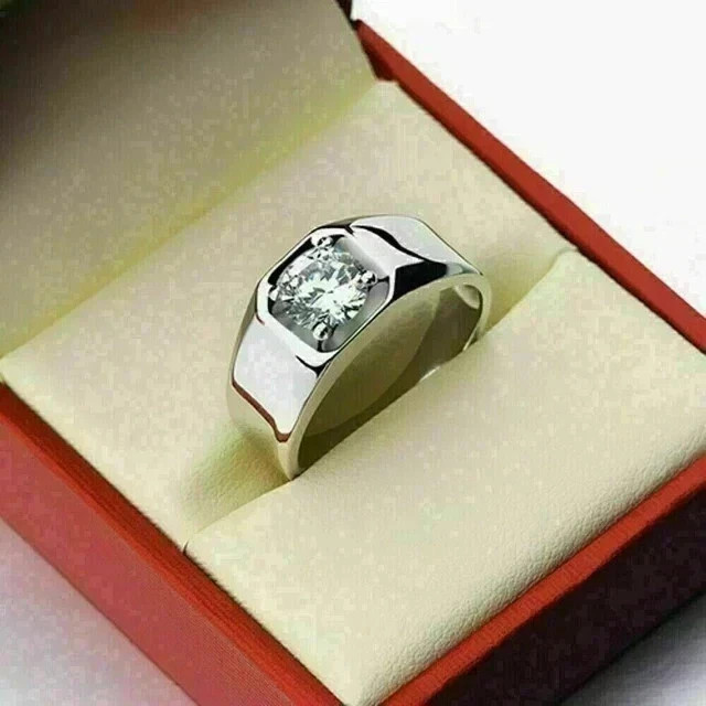 Men’s 1.60Ct Round Cut Real Moissanite Engagement Ring 14K White Gold Plated