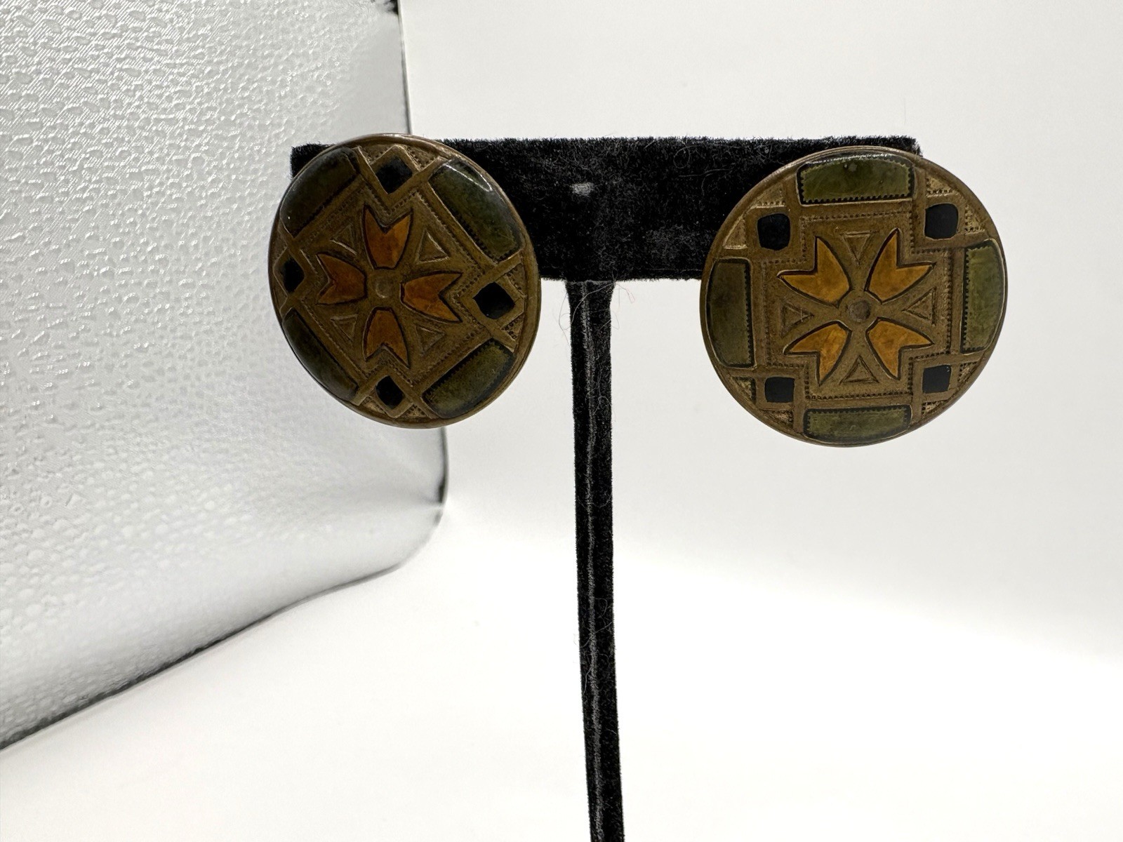 Aged Brass Multi Colored Enamel Quilt Pattern Stud Pierced Earrings
