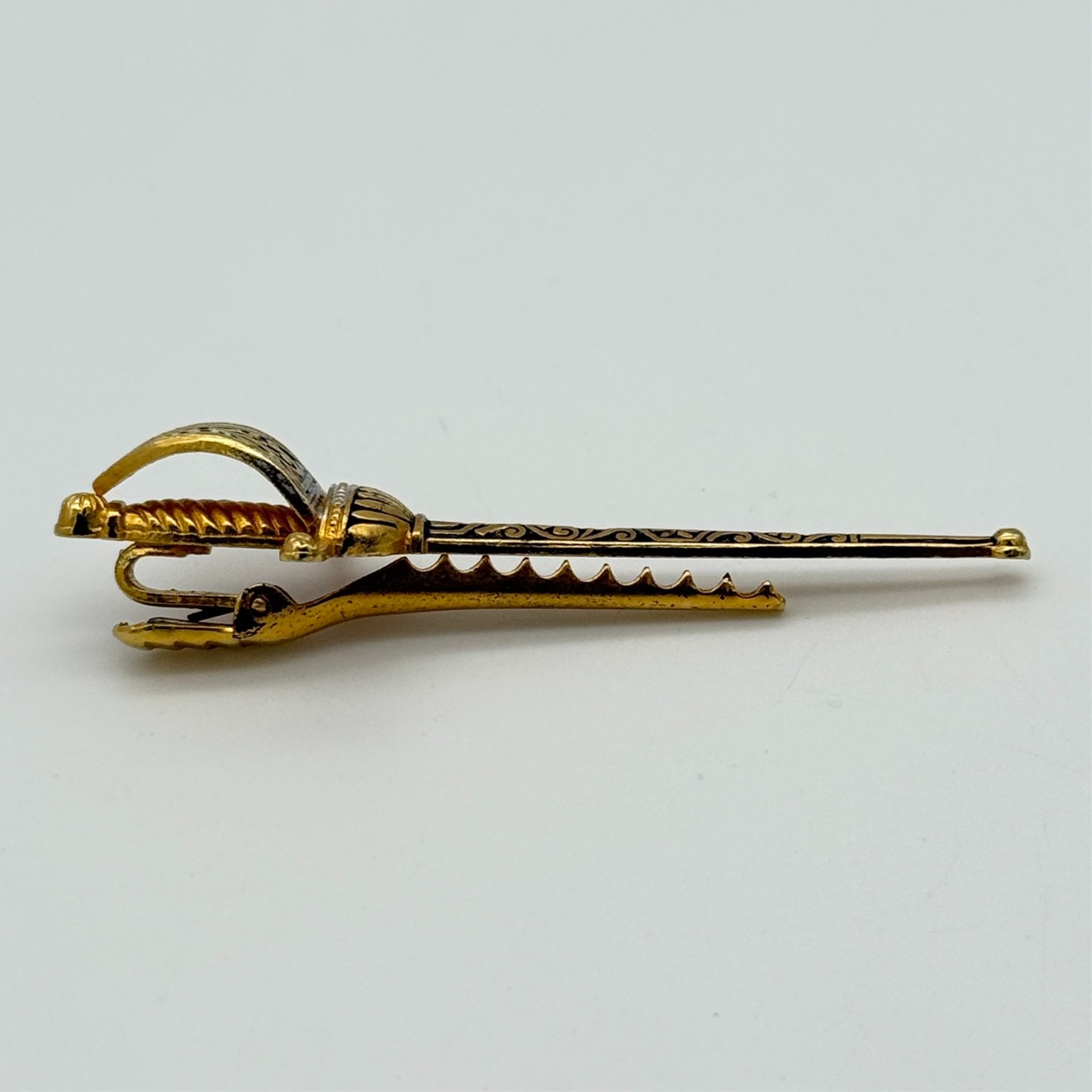 Vintage Sword Tie Bar Clip Damascene Gold Silver Black 2.5″ Rapier Spanish