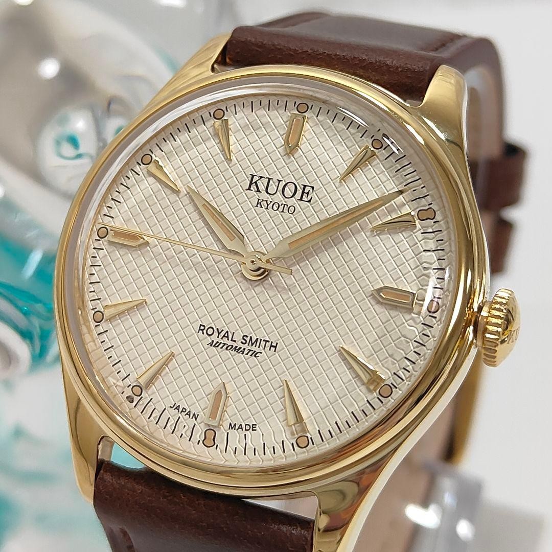 KUOE ROYAL SMITH 90-006 Gold Ivory Waffle Automatic Watch 35mm Miyota 9039