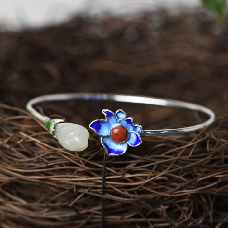 I05 Cloisonne Bangle Silver 925 Blue Green Petals White Jade Agate
