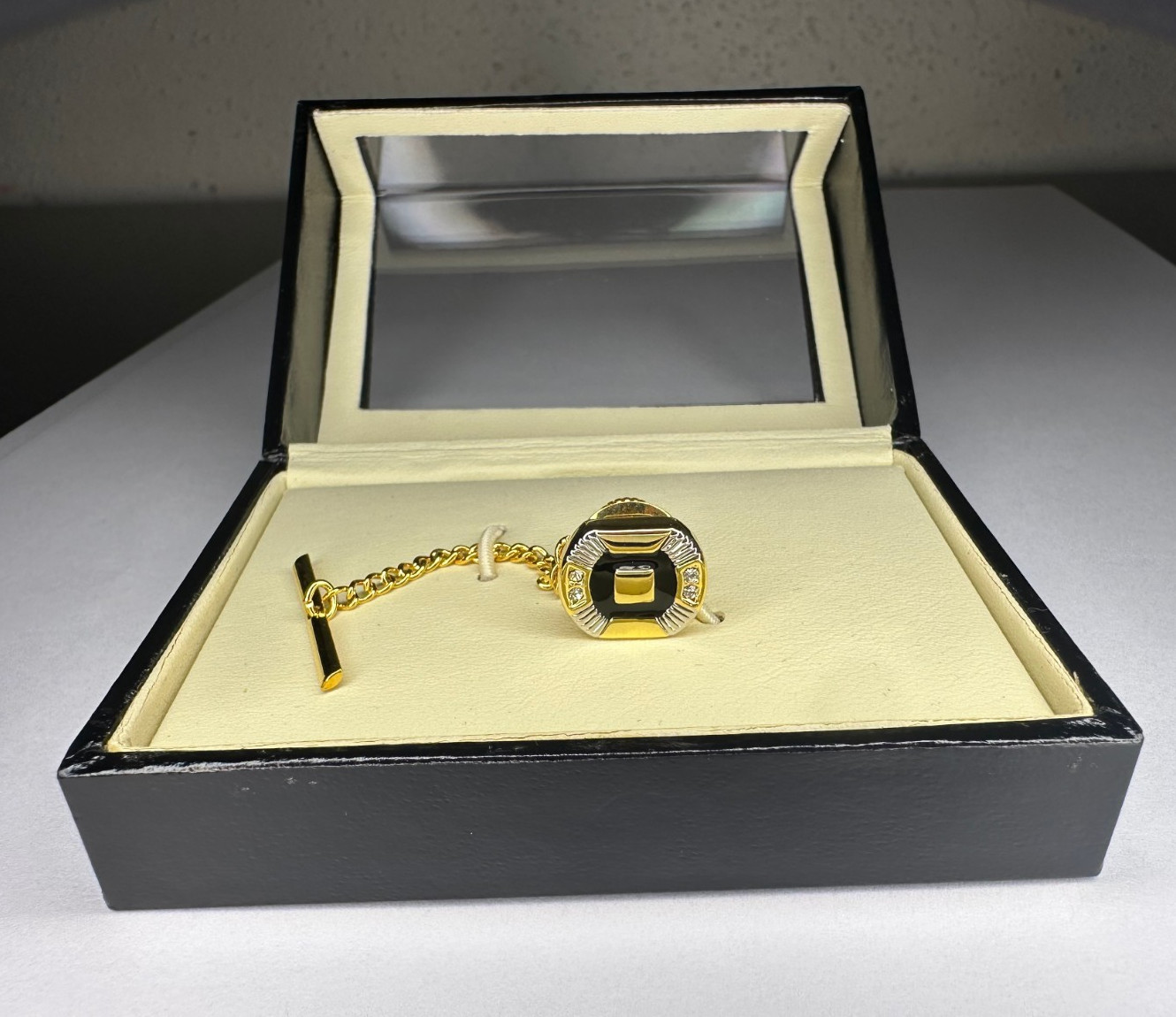 NEW Men’s STAFFORD TIE TACK CHAIN CLIP Black Gold Silver Tone Rhinestone Formal