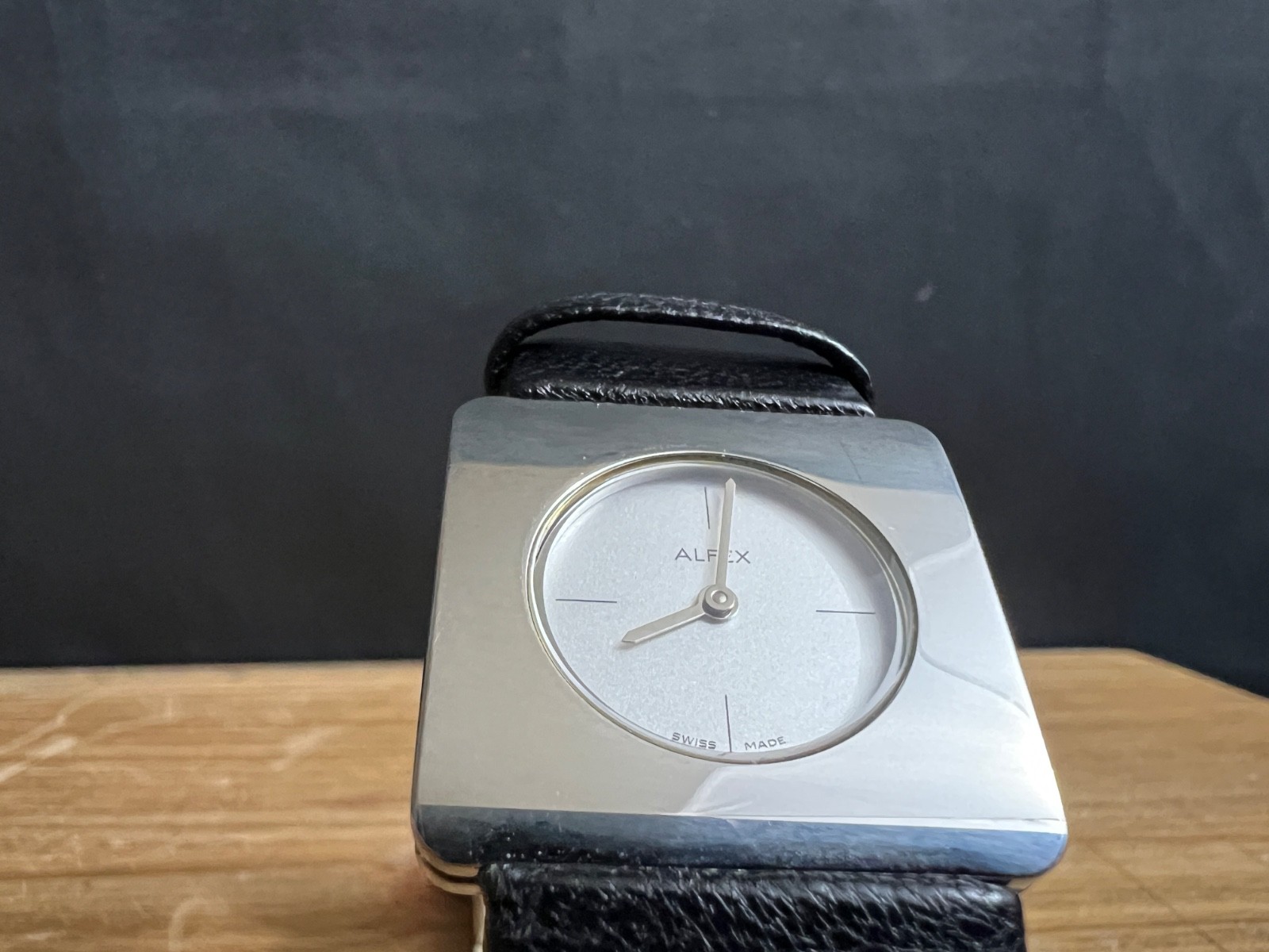NEW WOMEN’S ALFEX 5512 SWISS SQUARE WATCH BLACK LEATHER BAND NEEDS BATTERY $250
