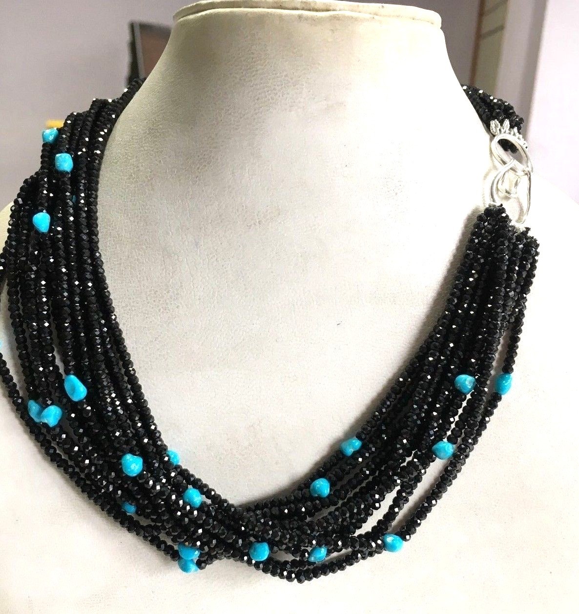 14 stands Faceted Black Spinel Turquoise necklace,Black Spinel Beads,Turquoise