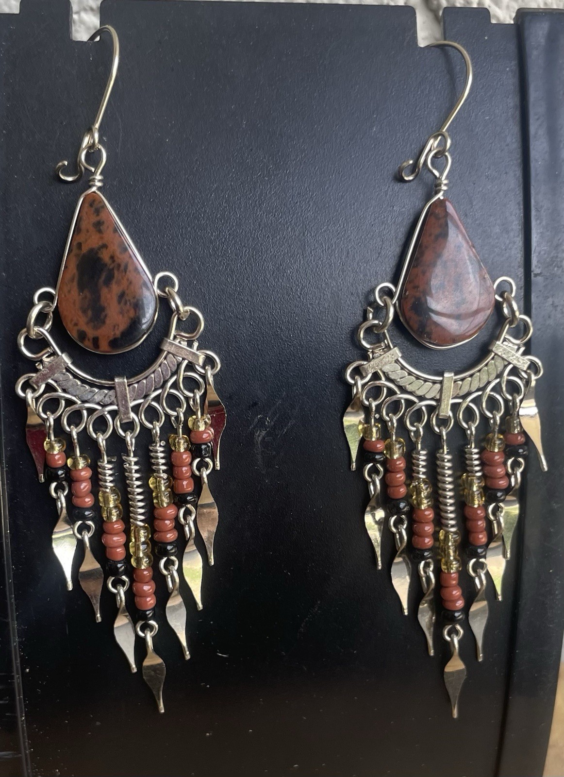 Peruvian Mahogany Obsidian Semi-Precious Stone Seed Bead Earrings Handmade Boho