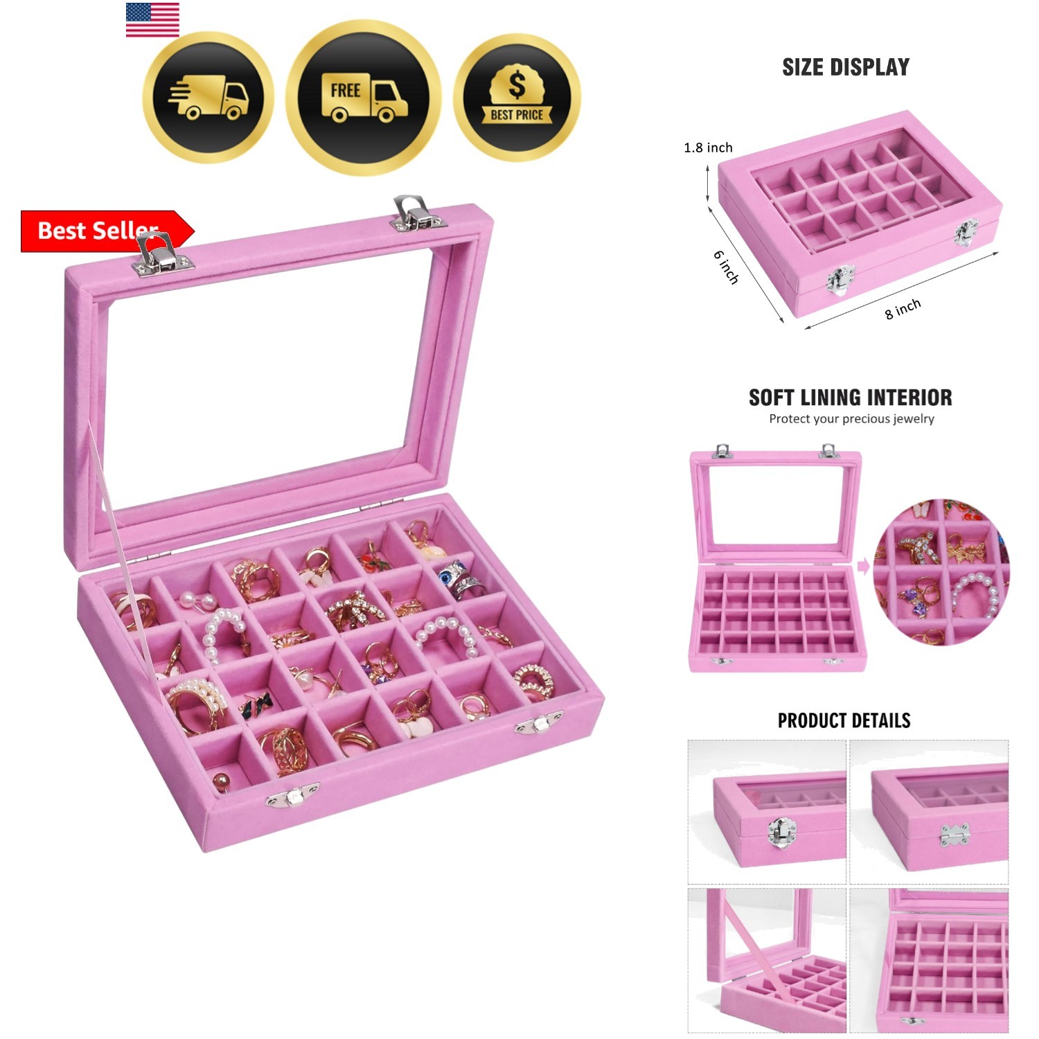 Velvet Jewelry Box 24 Grid Jewelry Ring Display Organiser Box Tray Holder Ear…