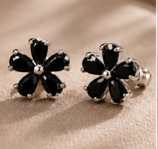2.32Ct Pear Cut Simulated Black Onyx Flower Stud Earrings 14k White Gold Plated