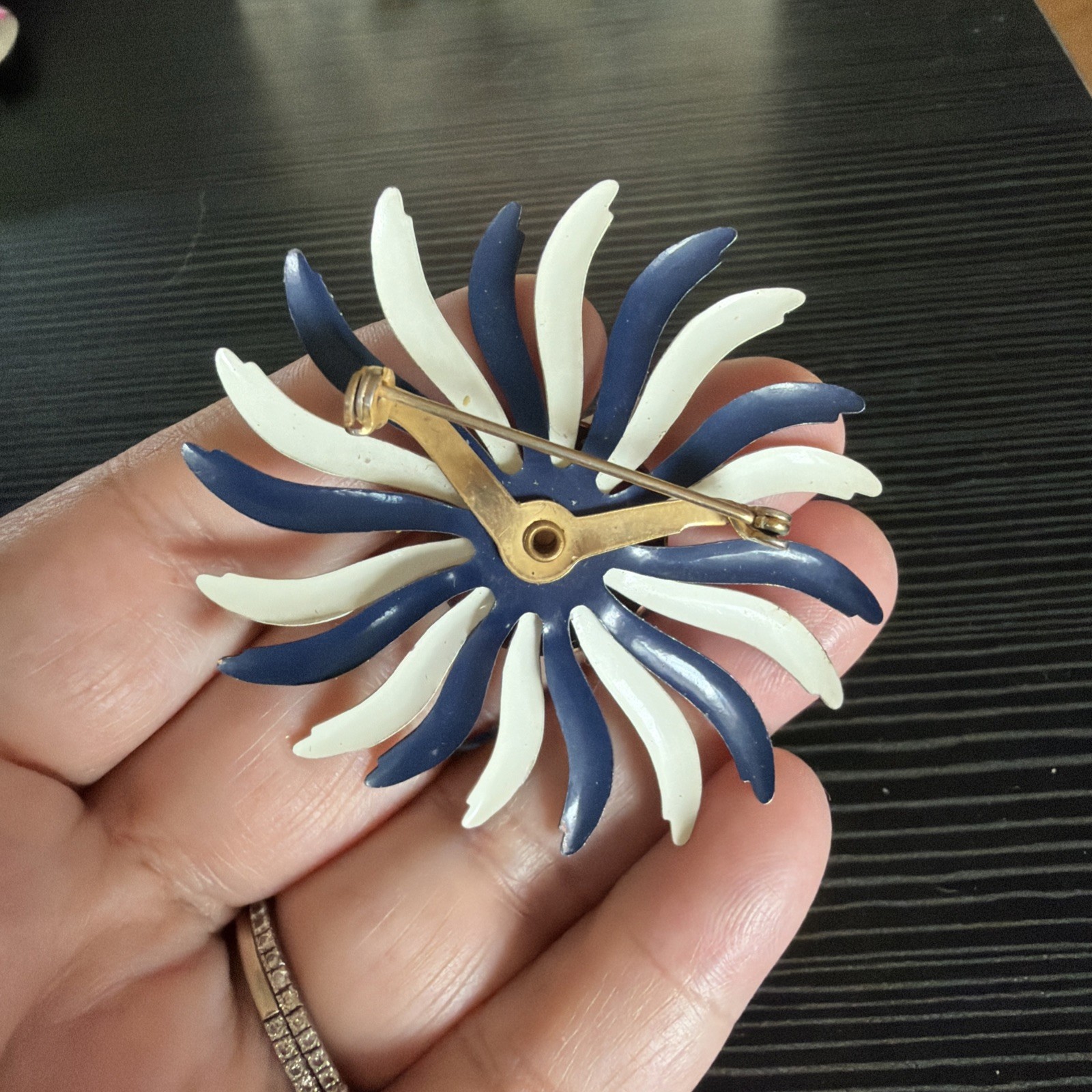 Vintage retro MCM red white blue RWB flower brooch pin