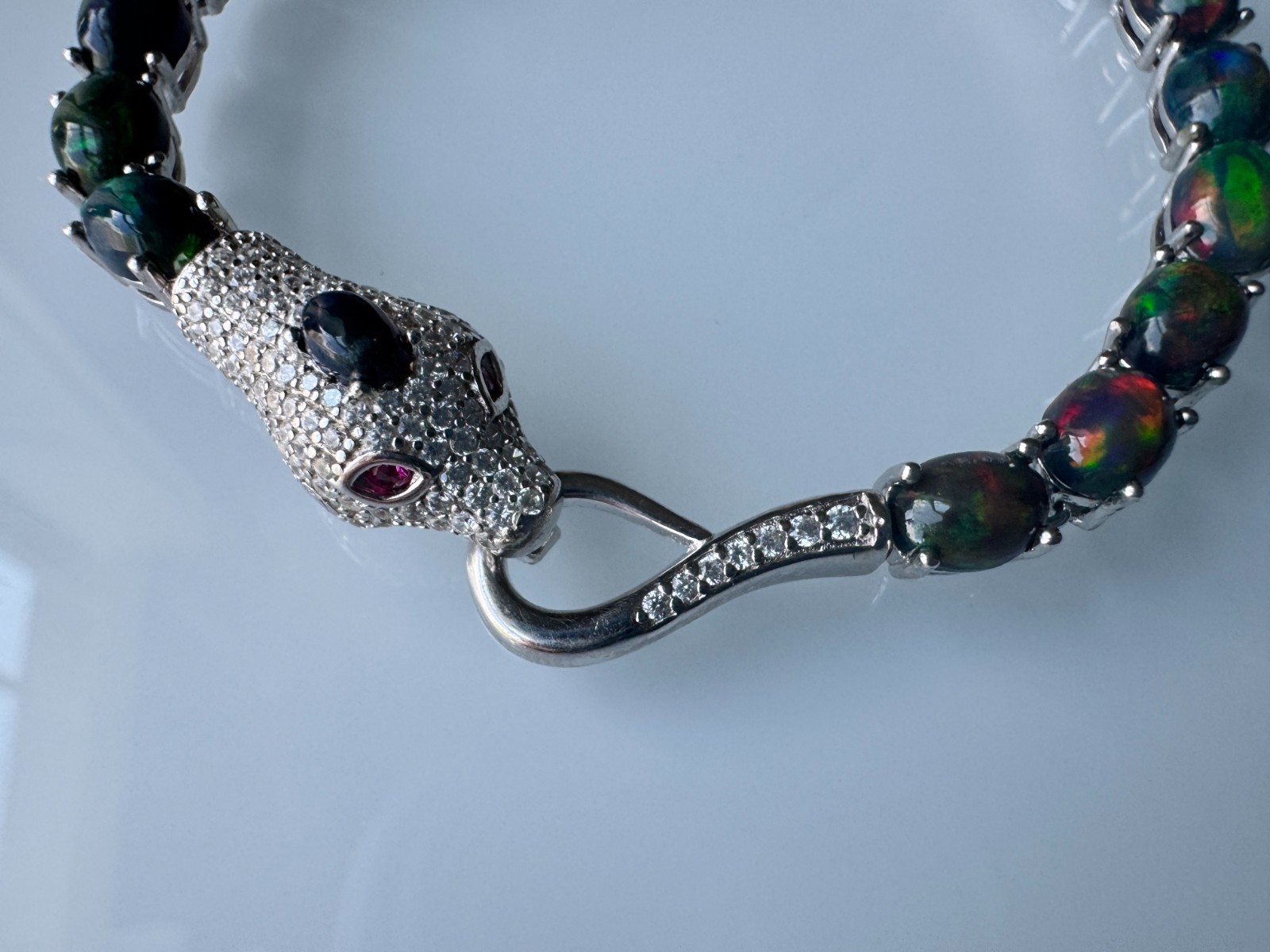 Ethiopian 7x5mm Black Opal Ruby CZ 925 Sterling Silver Cobra Push-Lock Bracelet