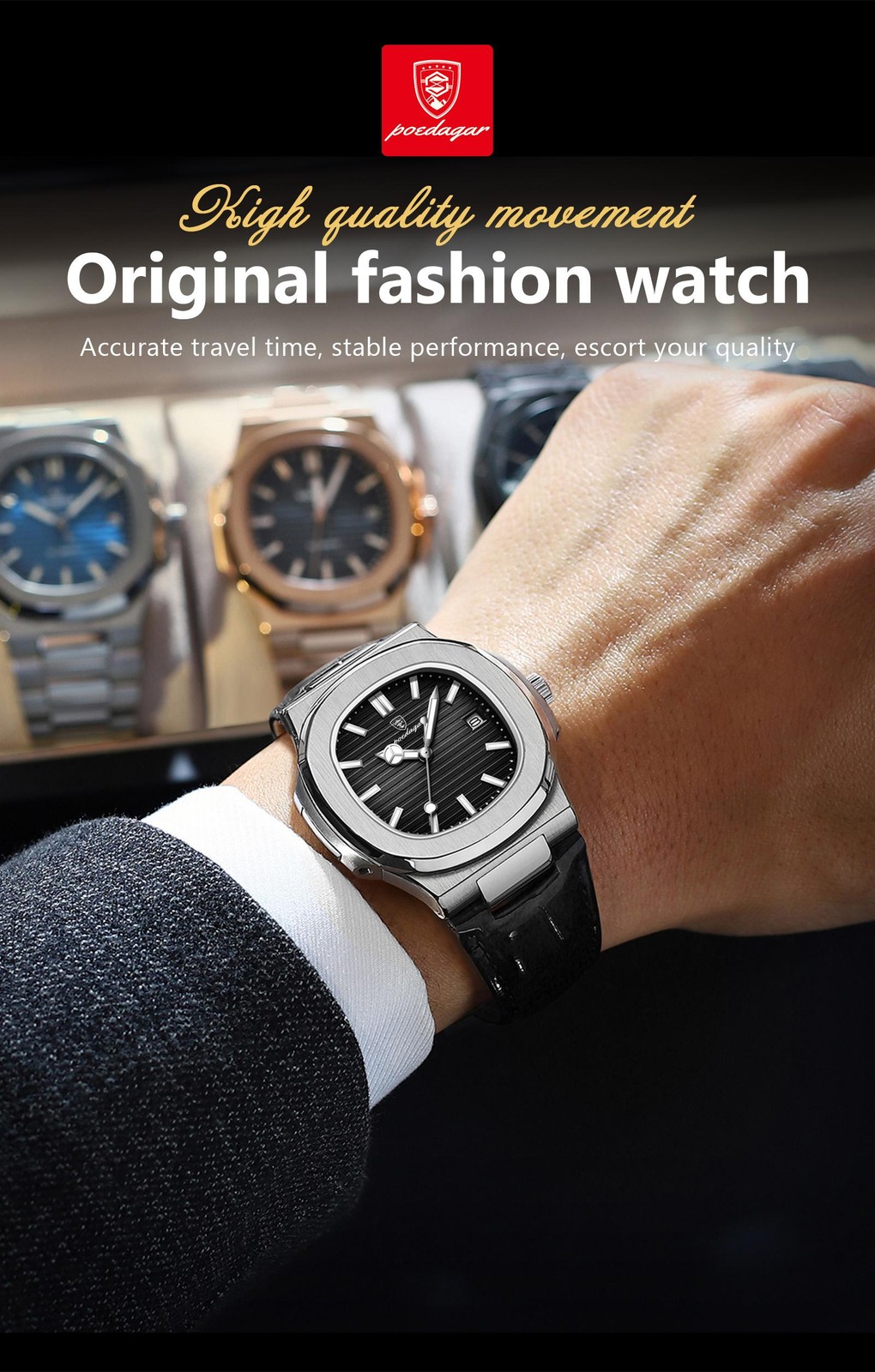Poedagar Luxury Square Men Watch Date Waterproof Luminous Wristwatch