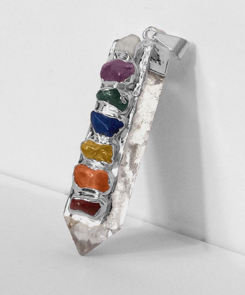 Quartz 7 Chakra Pendant FuNkY Crystal Point Sterling Silver Necklace CHARGED Rei