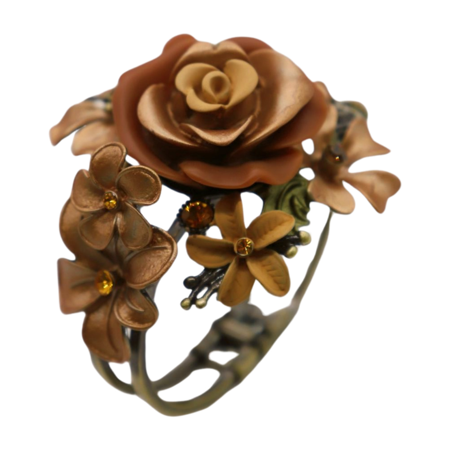 Women Antique Gold Metal Beige Brown Rose Flowers Cuff Bracelet Fashion Jewelry