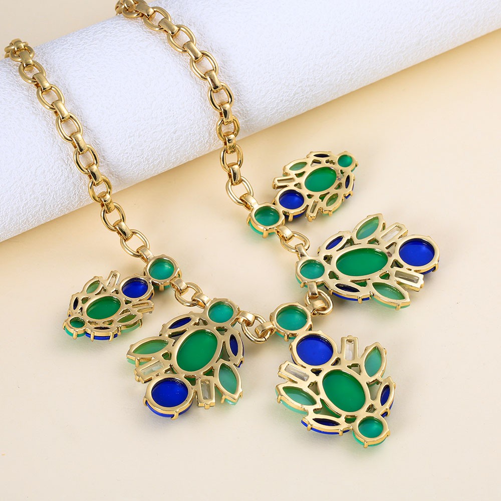 18K Gold Plated Brass Floral Bib Necklace Hand Set Color Resin Gem Short Choker