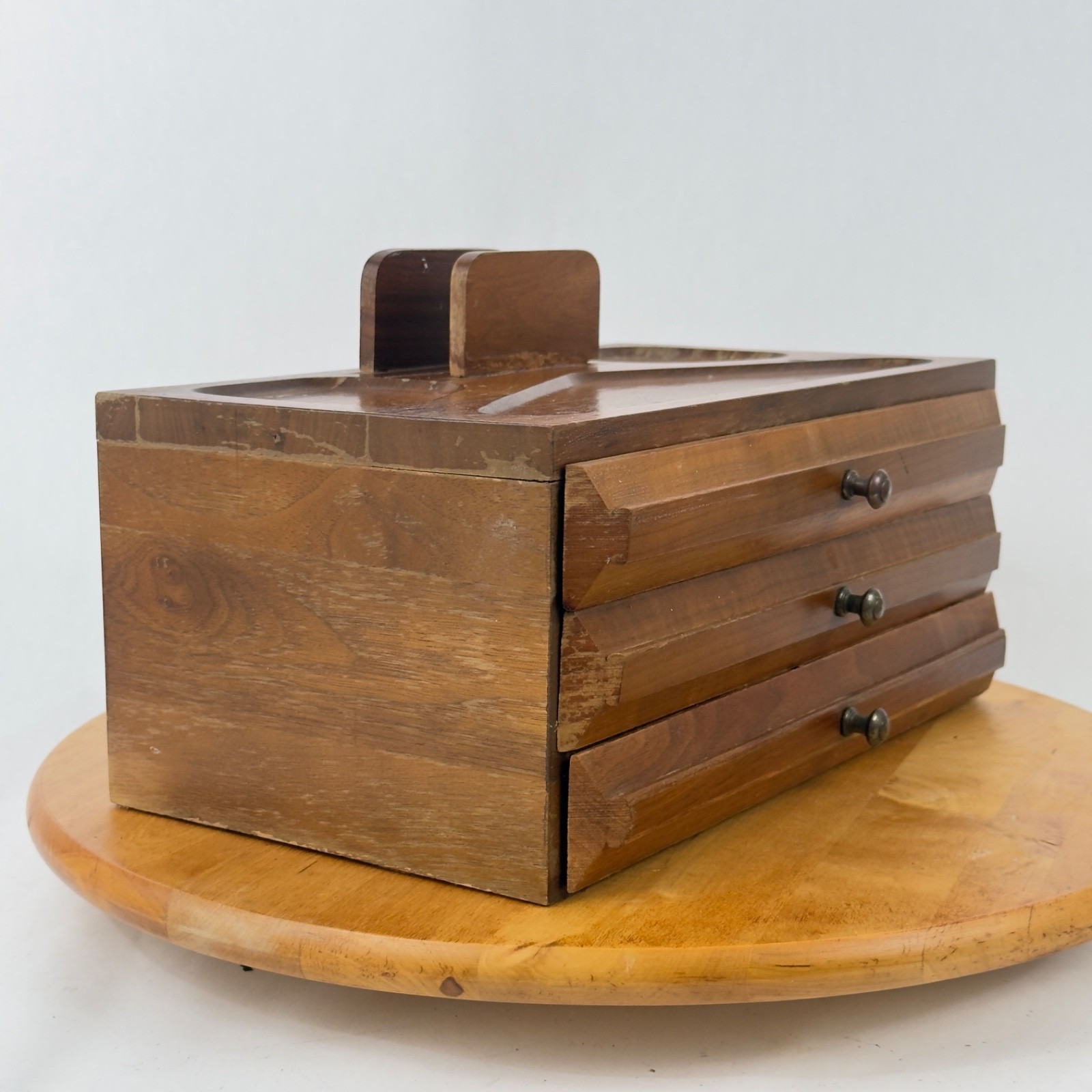 Mid Century Walnut Wood Desk Organizer Jewelry Desk Valet Box w Drawers Catchall