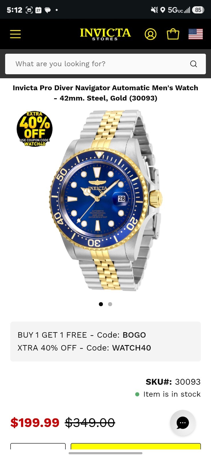 Invicta Pro Diver Men’s Automatic Watch Blue Dial, Two-Tone, 30093