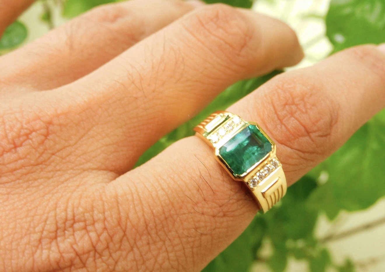 Natural Emerald Ring 14k Solid Yellow Gold Emerald Diamond Ring
